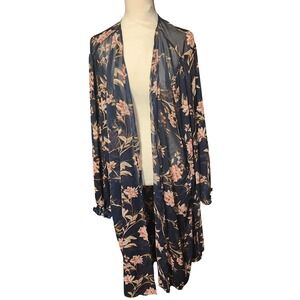 NWT Maurices 4X Navy Floral Sheer Kimono Duster Cardigan Long Sleeve Lightweight